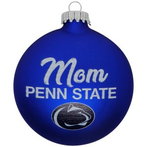 blue holiday 3D disc ornament with white Mom, Penn State, and Athletic Logo
